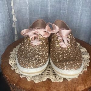 Kate Spade KED Flats Pink Sparkly Design with Pink Ribbon Laces Size 8